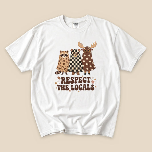 White Respect the Locals Ghosts T-Shirt with a ghost raccoon and moose Respect the Locals graphic