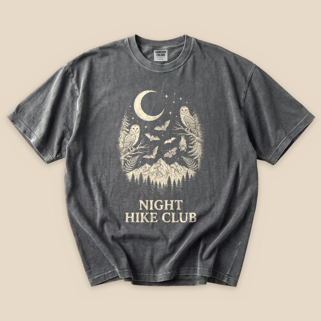 Pepper Night Hike Club T-Shirt with an owl, crescent moon and mountains graphic