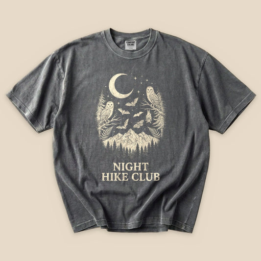 Pepper Night Hike Club T-Shirt with an owl, crescent moon and mountains graphic