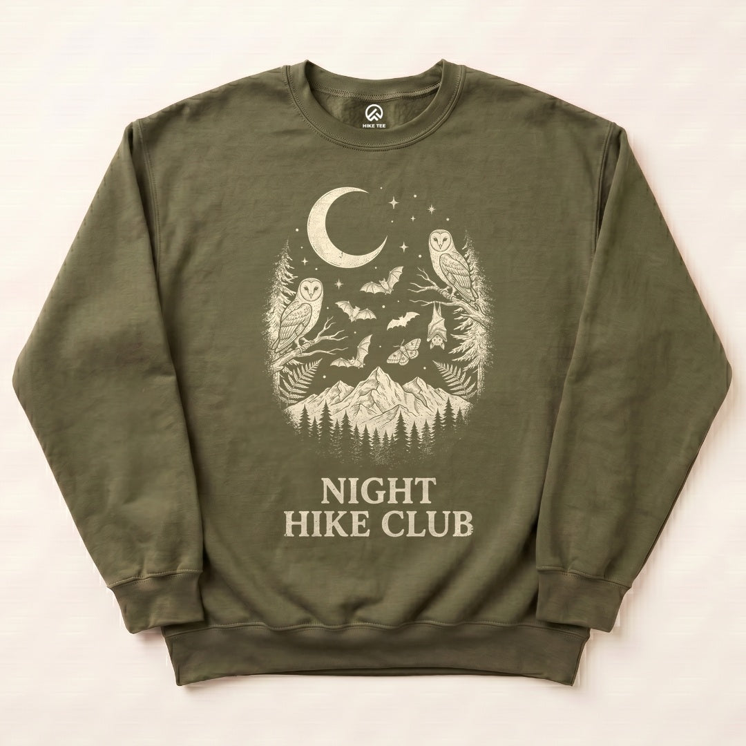 Military Green Night Hike Club Sweatshirt with owls, bats and a crescent moon over the mountains graphic