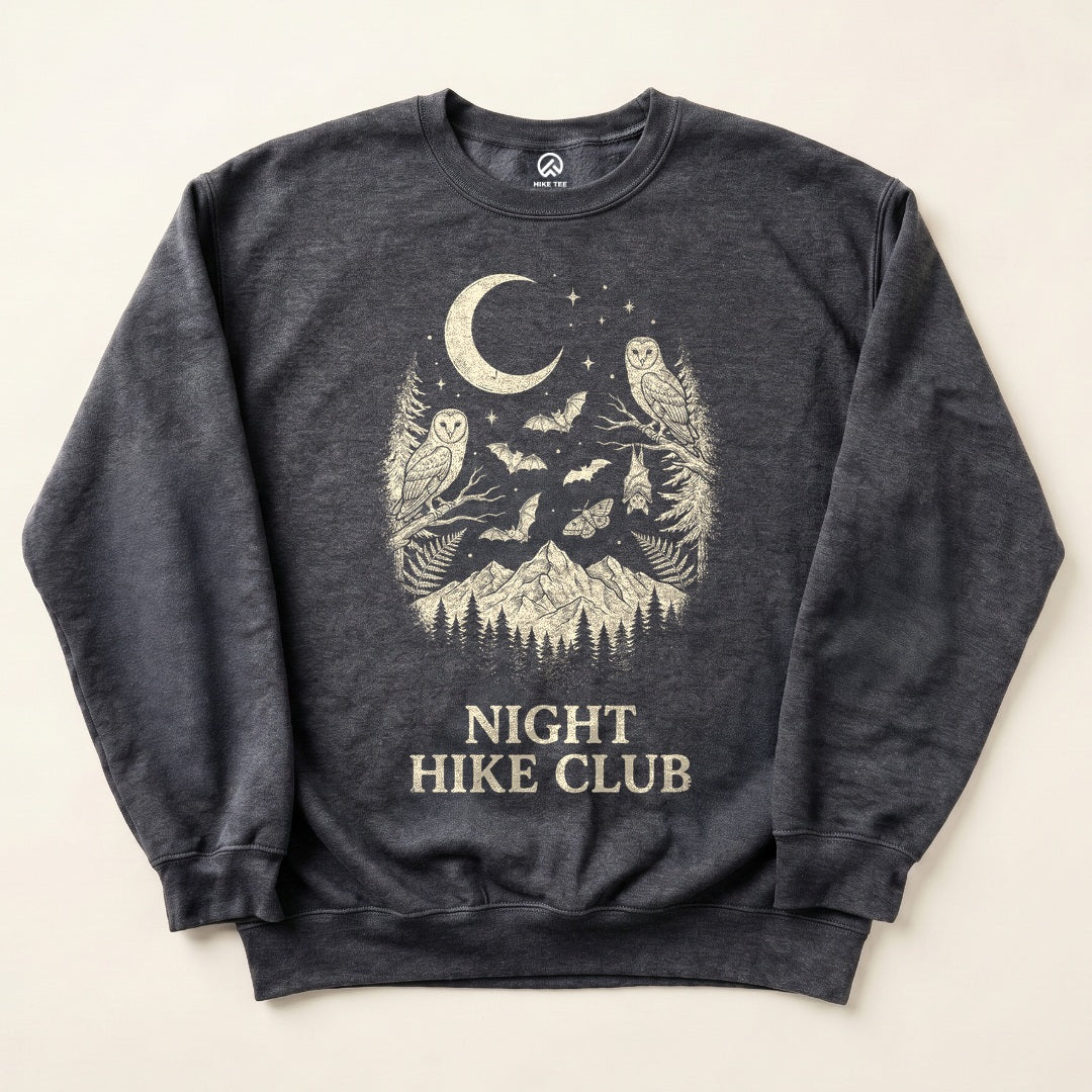 Dark Heather Night Hike Club Sweatshirt with owls, bats and a crescent moon over the mountains graphic
