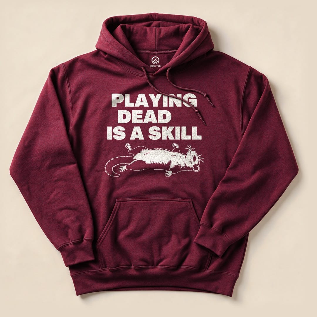 Maroon Playing Dead Possum Hoodie with a possum playing dead graphic