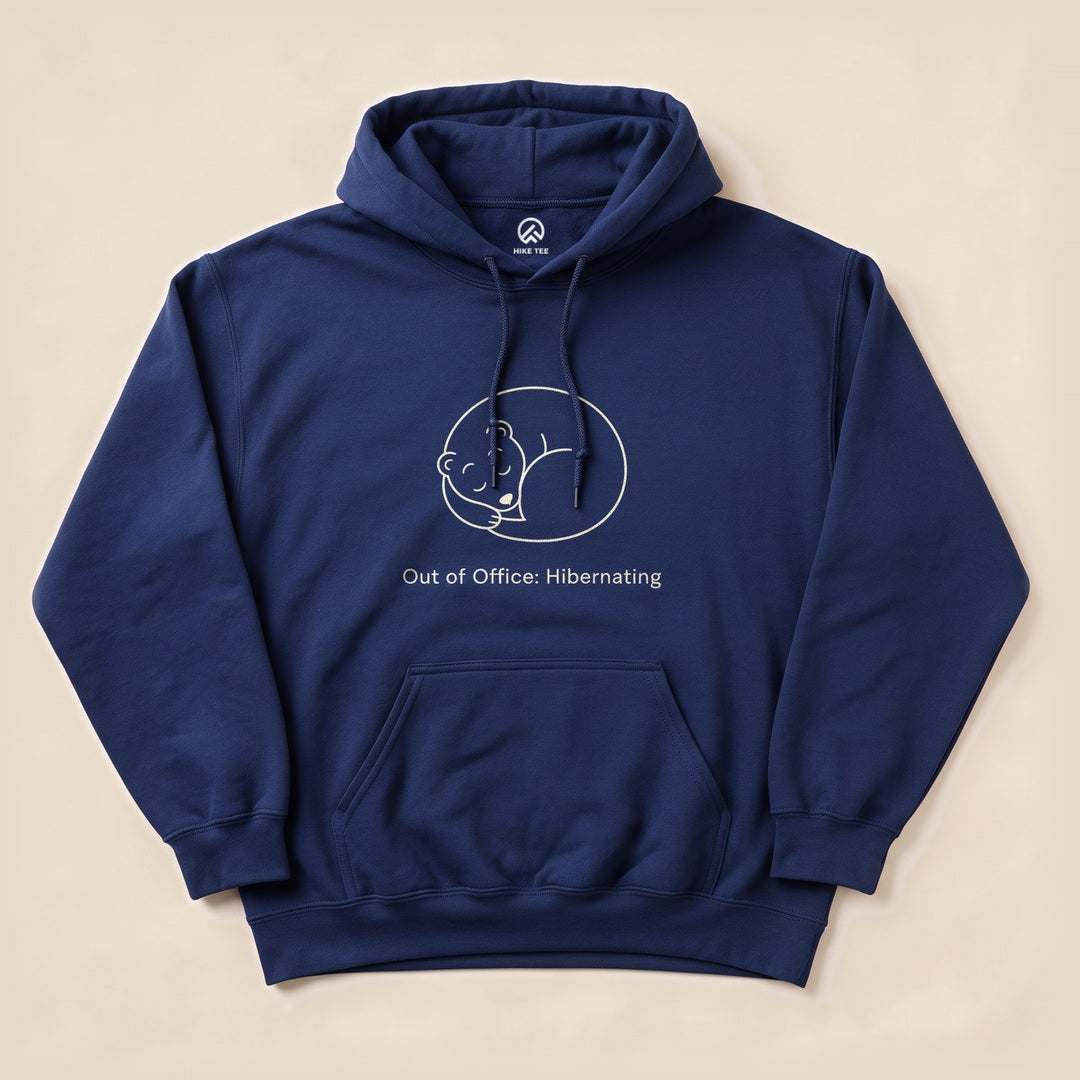 Navy Out of Office Hibernating Hoodie with a sleeping curled-up bear line art graphic