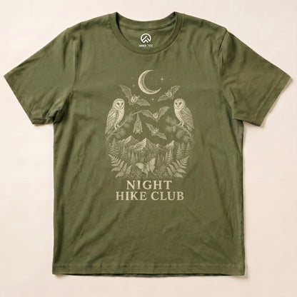 Military Green Night Hike Club Engraved Shirt with a night forest scene with a moon, owls, moths and mountains in engraved style graphic