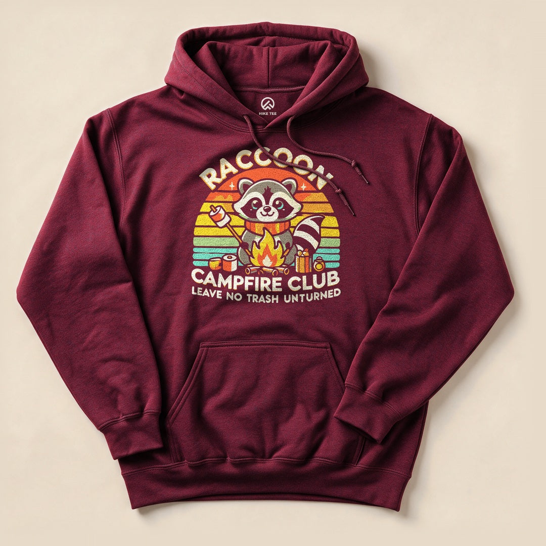 Maroon Raccoon Campfire Club Hoodie with a retro raccoon campfire graphic