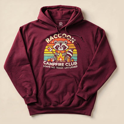 Maroon Raccoon Campfire Club Hoodie with a retro raccoon campfire graphic