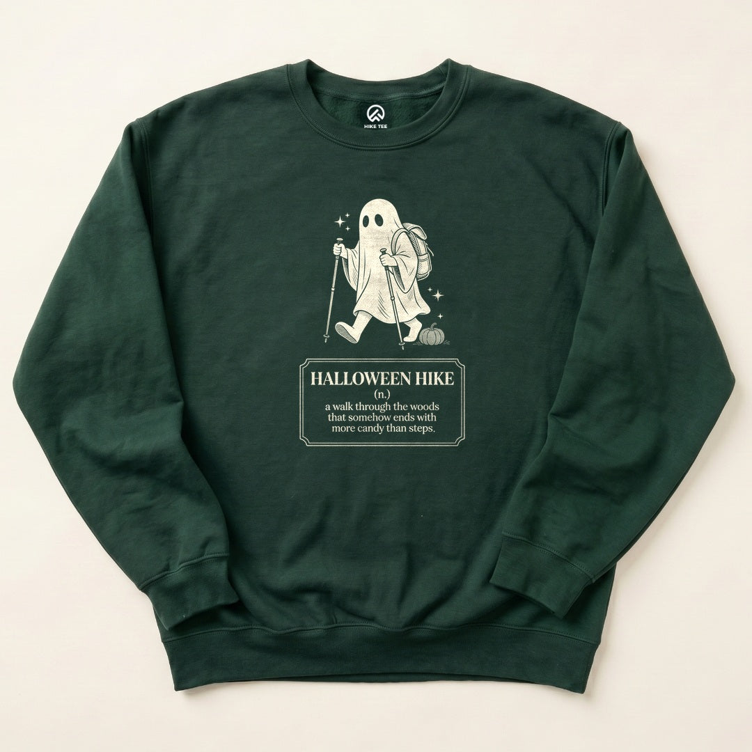 Forest Green Halloween Hike Definition Sweatshirt with a ghost hiker with trekking poles and a Halloween Hike definition graphic