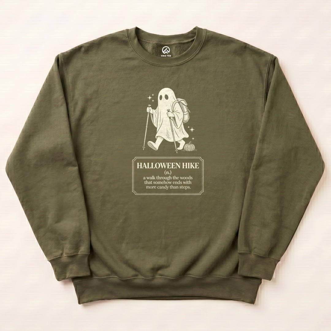 Military Green Halloween Hike Definition Sweatshirt with a ghost hiker with trekking poles and a Halloween Hike definition graphic