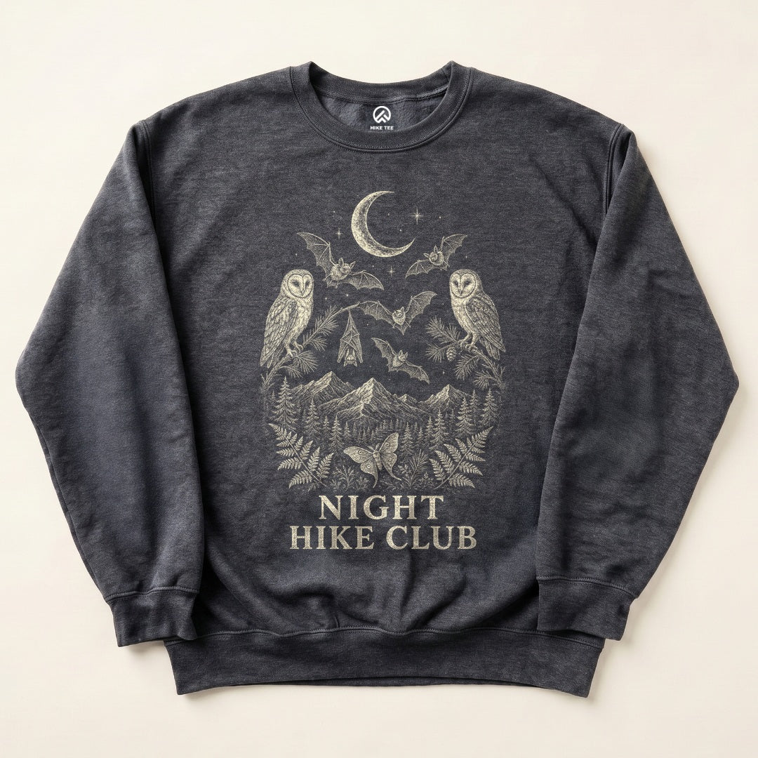 Dark Heather Night Hike Club Engraved Sweatshirt with owls, bats and a crescent moon over the mountains graphic