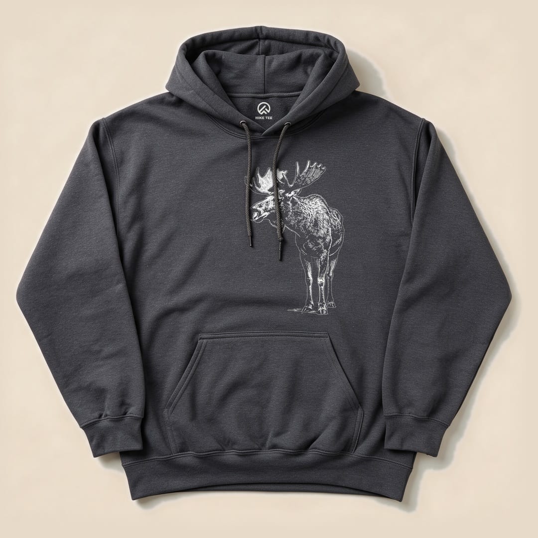 Dark Heather Vintage Moose Hoodie with a vintage moose sketch graphic