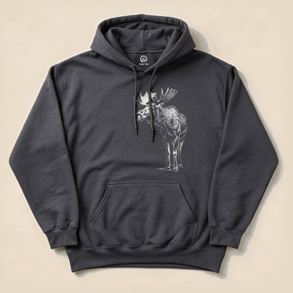 Dark Heather Vintage Moose Hoodie with a vintage moose sketch graphic