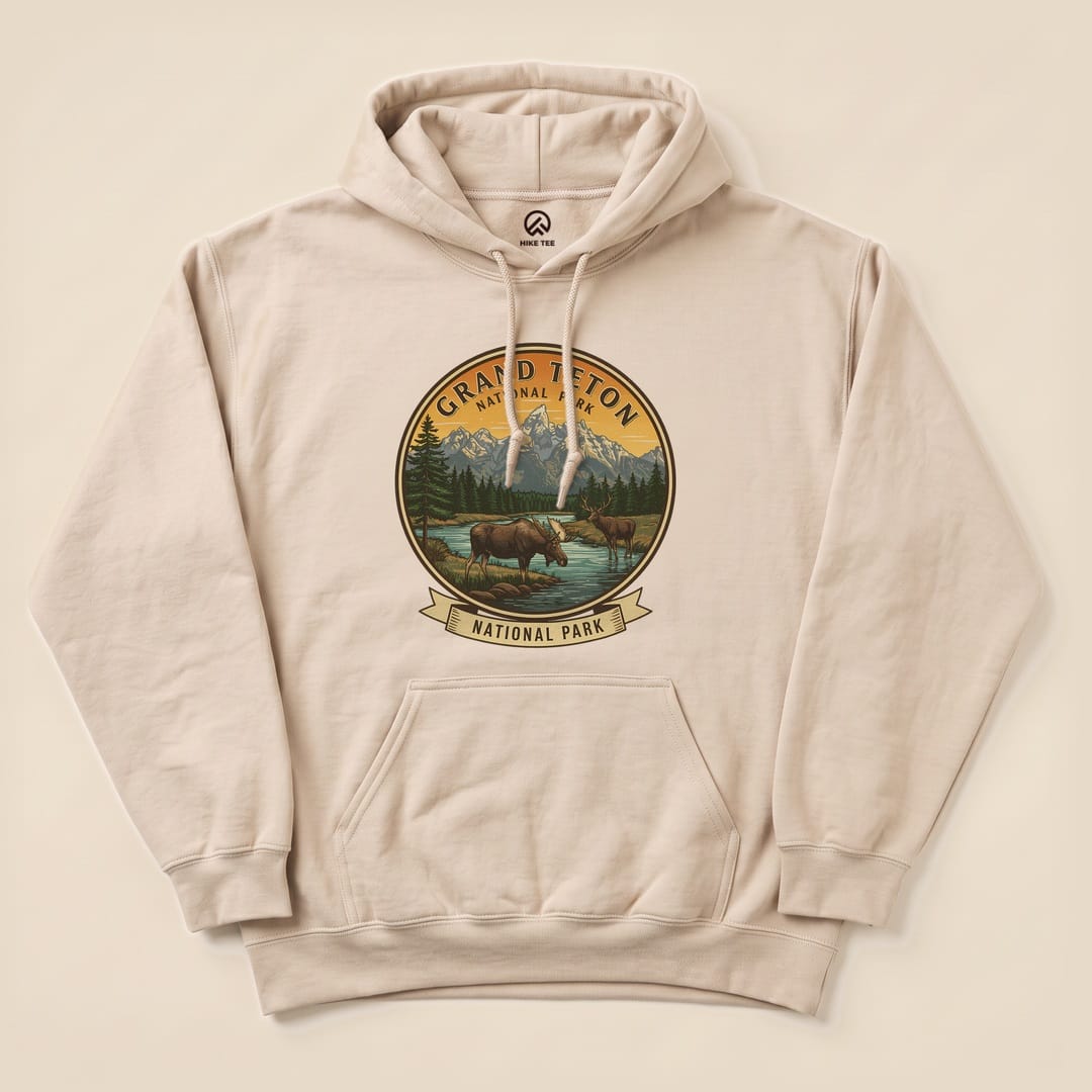 Sand Grand Teton Moose Hoodie with a vintage Grand Teton moose badge graphic
