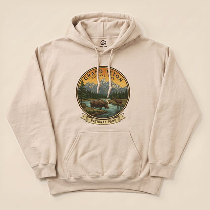 Sand Grand Teton Moose Hoodie with a vintage Grand Teton moose badge graphic