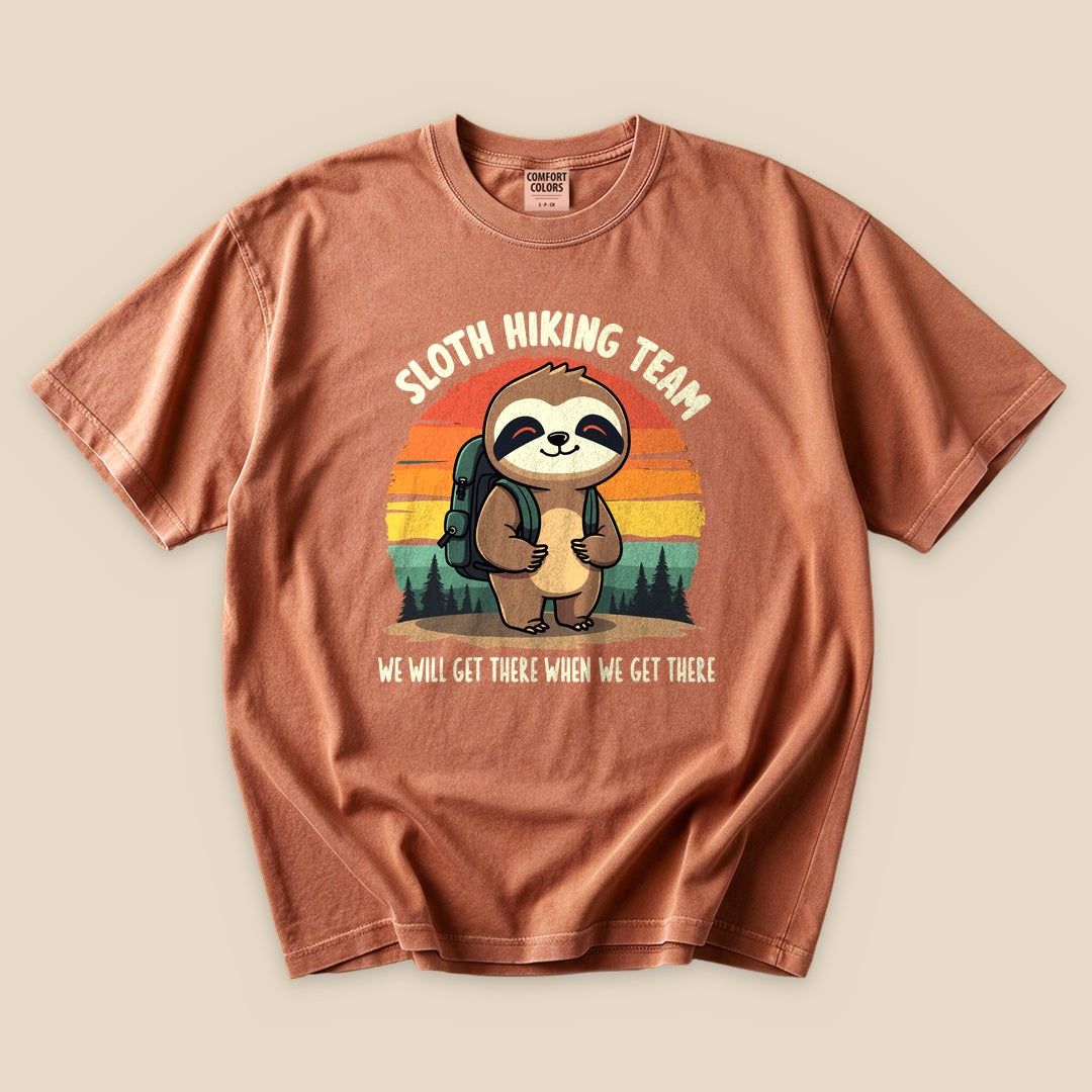 Yam Sloth Hiking Team T-Shirt with a hiking sloth and retro forest sunset graphic