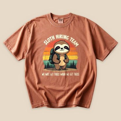 Yam Sloth Hiking Team T-Shirt with a hiking sloth and retro forest sunset graphic