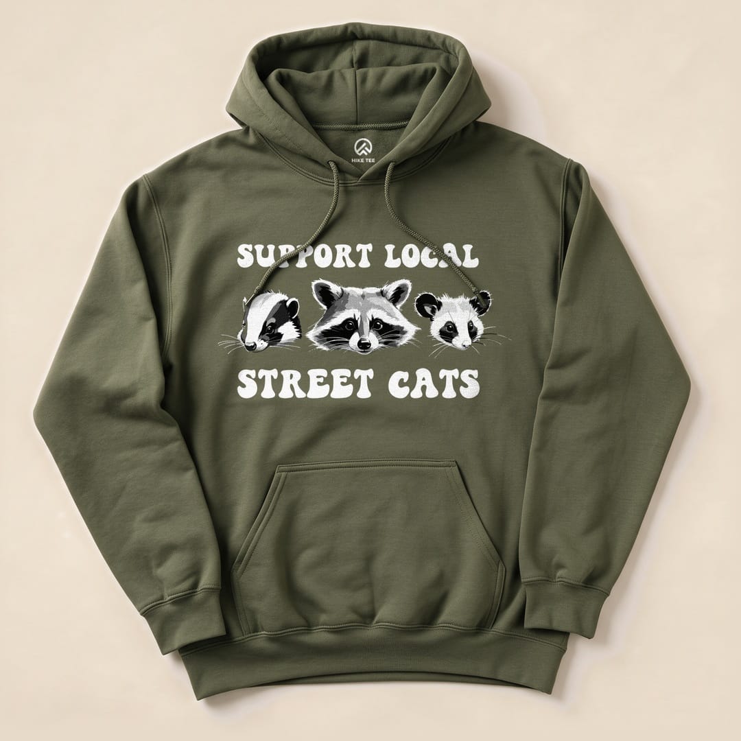 Military Green Street Cats Hoodie with a skunk, raccoon and possum graphic