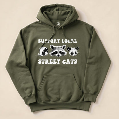 Military Green Street Cats Hoodie with a skunk, raccoon and possum graphic