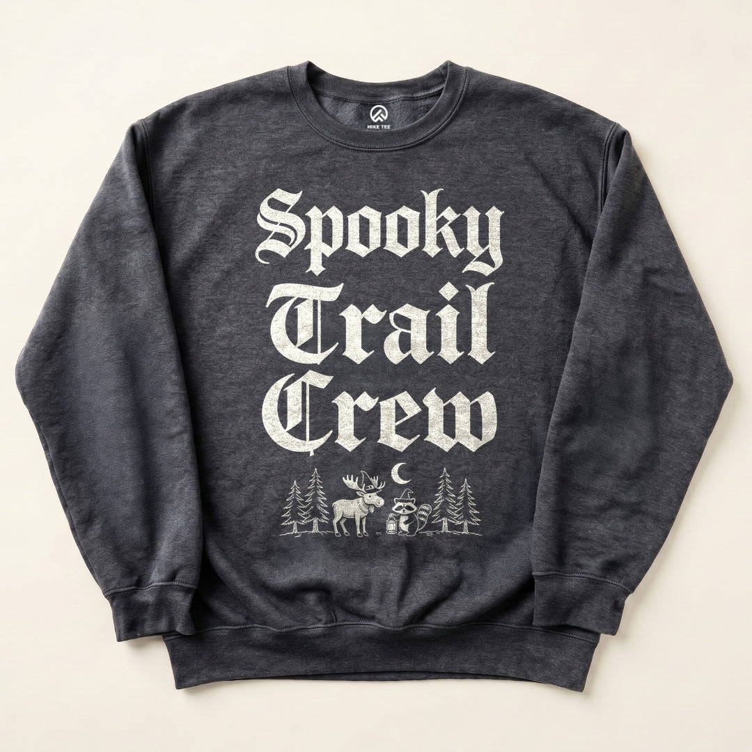 Dark Heather Spooky Trail Crew Sweatshirt with gothic Spooky Trail Crew lettering with a moose and a raccoon graphic