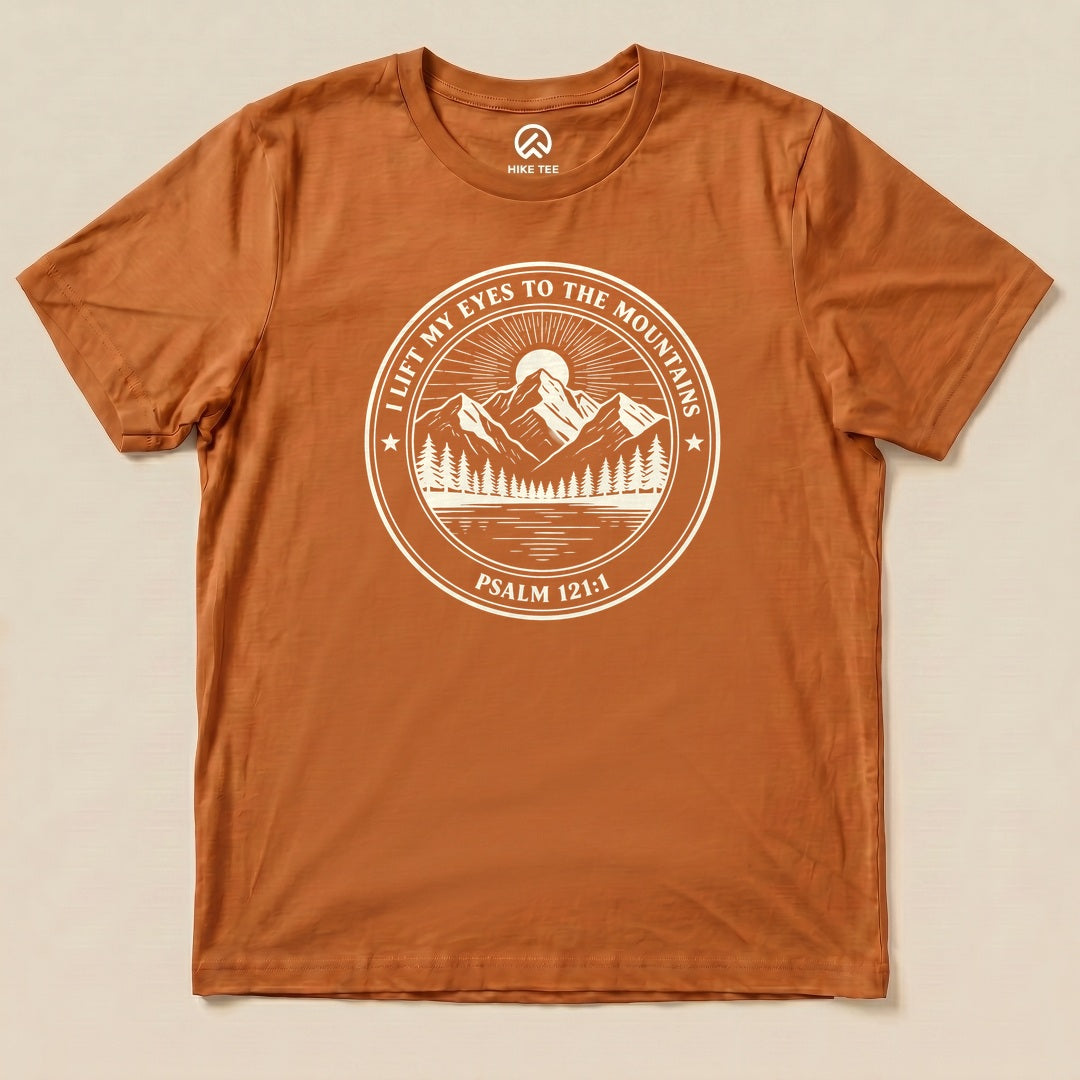 Autumn I Lift My Eyes to the Mountains Shirt with a mountain lake badge with Psalm 121:1 graphic