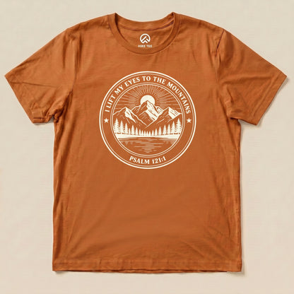 Autumn I Lift My Eyes to the Mountains Shirt with a mountain lake badge with Psalm 121:1 graphic