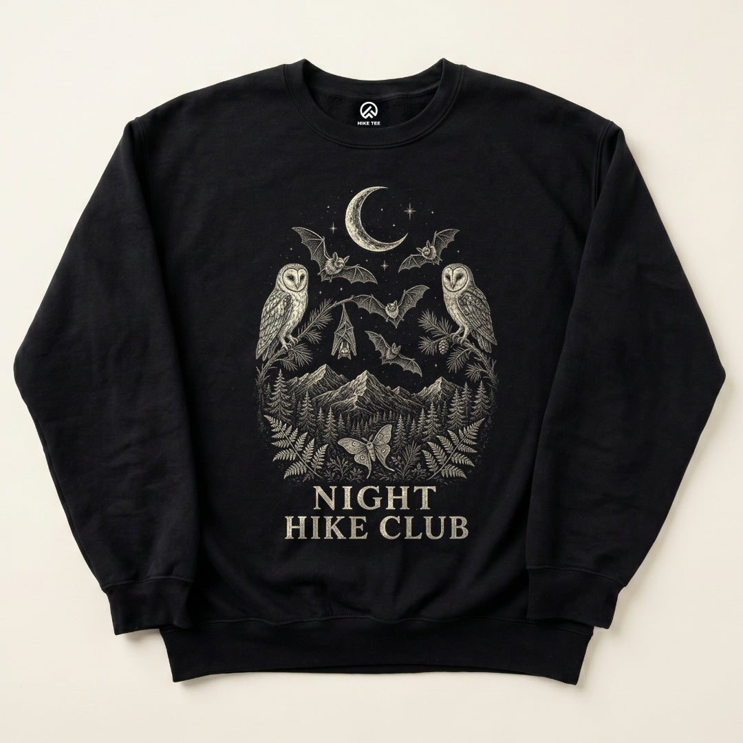 Black Night Hike Club Engraved Sweatshirt with owls, bats and a crescent moon over the mountains graphic