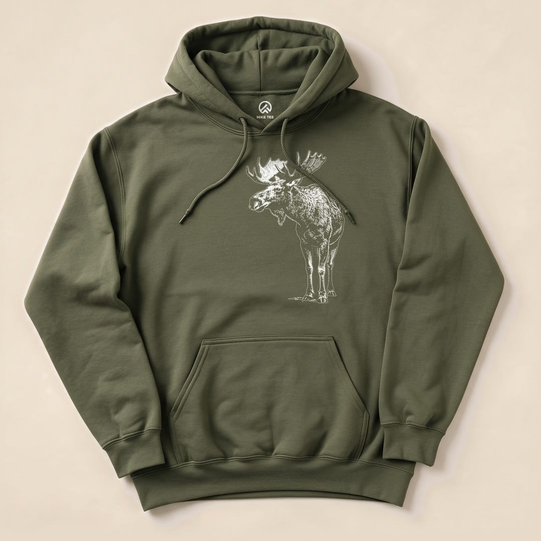 Military Green Vintage Moose Hoodie with a vintage moose sketch graphic