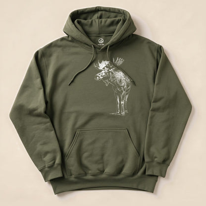 Military Green Vintage Moose Hoodie with a vintage moose sketch graphic
