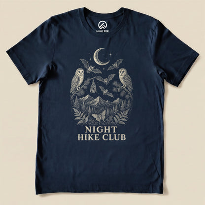 Navy Night Hike Club Engraved Shirt with a night forest scene with a moon, owls, moths and mountains in engraved style graphic
