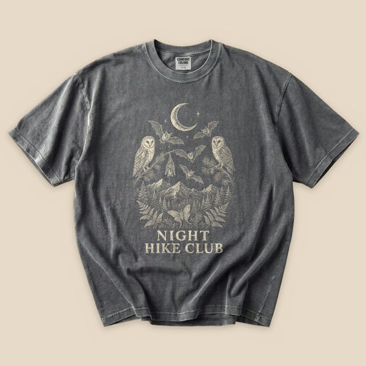 Pepper Night Hike Club Engraved T-Shirt with an engraved owls, bats and night mountains graphic