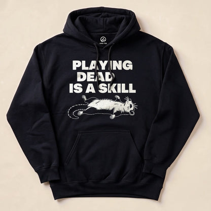 Black Playing Dead Possum Hoodie with a possum playing dead graphic