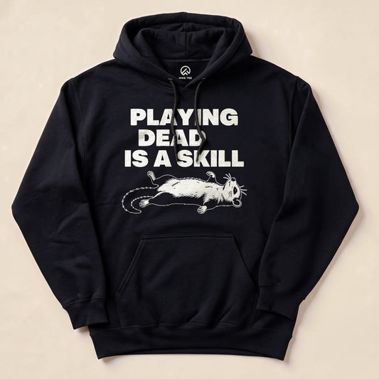 Black Playing Dead Possum Hoodie with a possum playing dead graphic