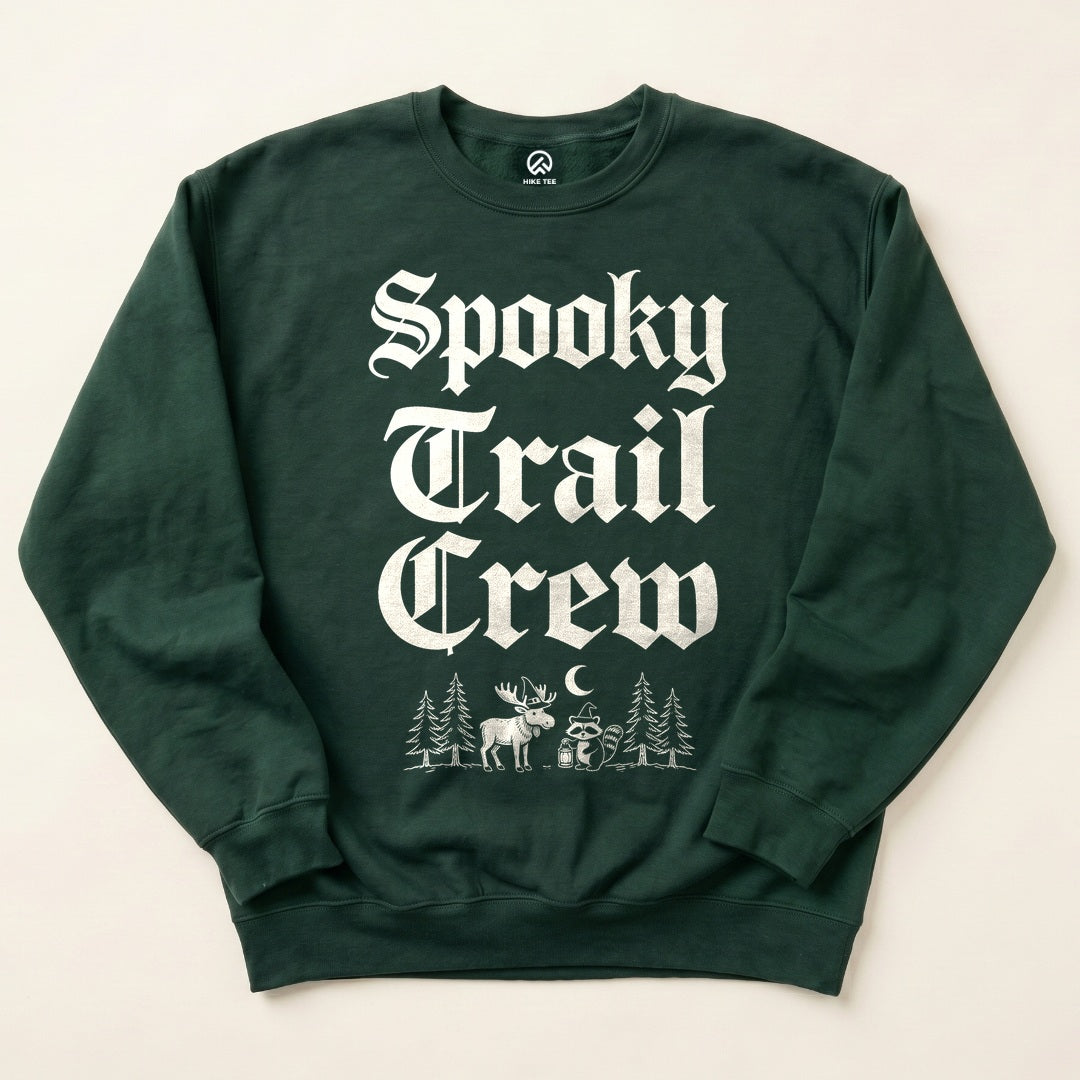 Forest Green Spooky Trail Crew Sweatshirt with gothic Spooky Trail Crew lettering with a moose and a raccoon graphic