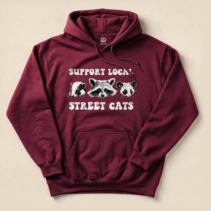 Maroon Street Cats Hoodie with a skunk, raccoon and possum graphic