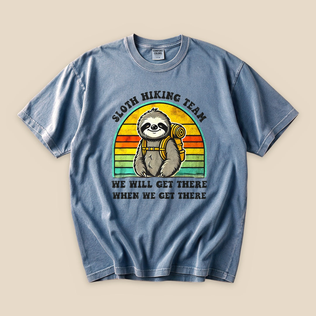 Blue Jean Sloth Hiking Team T-Shirt with a backpacking sloth and retro sunset stripes graphic