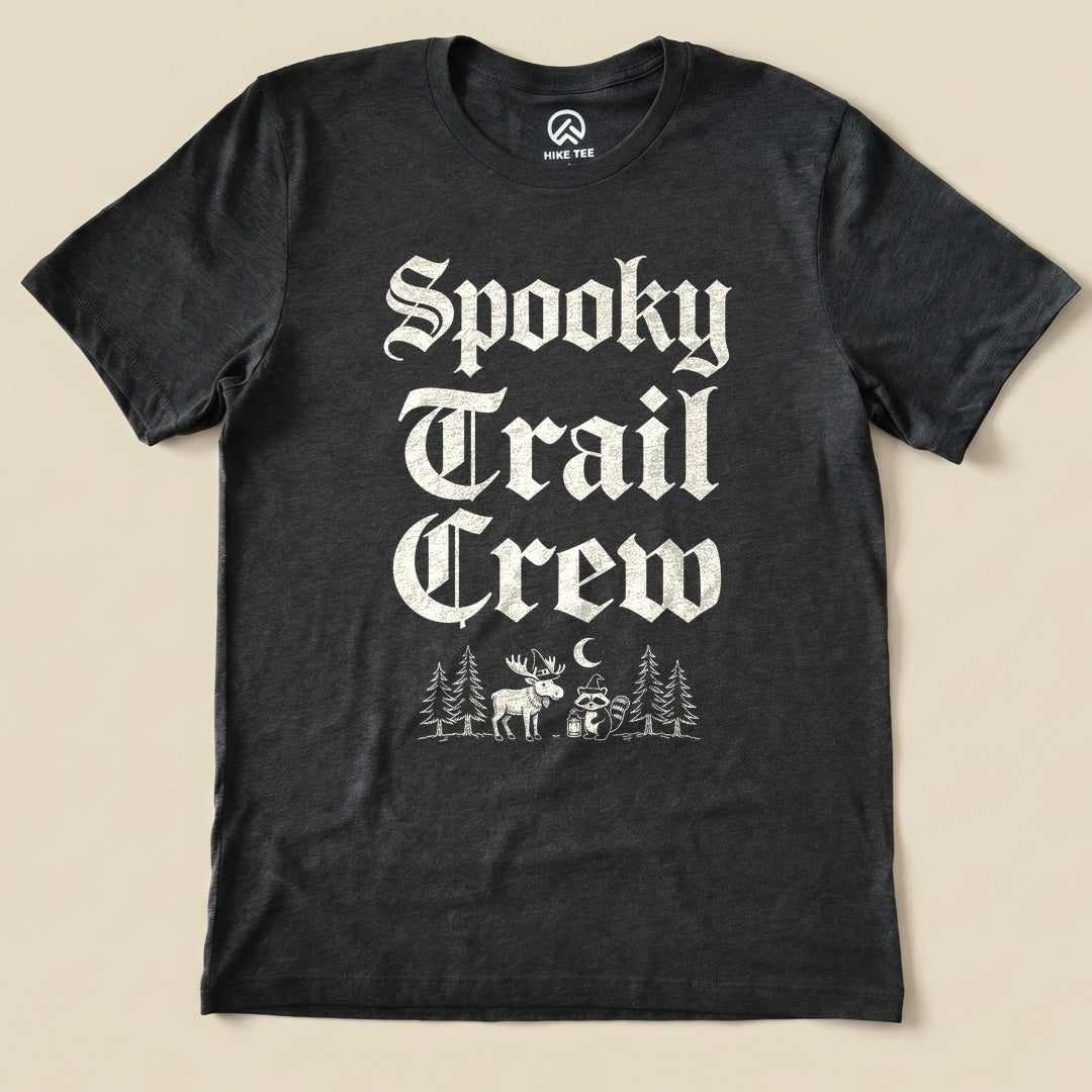 Dark Grey Heather Spooky Trail Crew Shirt with a gothic lettering design with a moose, raccoon and pine trees graphic