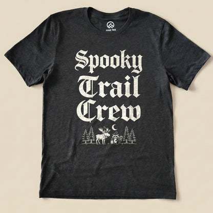 Dark Grey Heather Spooky Trail Crew Shirt with a gothic lettering design with a moose, raccoon and pine trees graphic