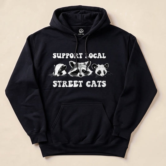 Black Street Cats Hoodie with a skunk, raccoon and possum graphic