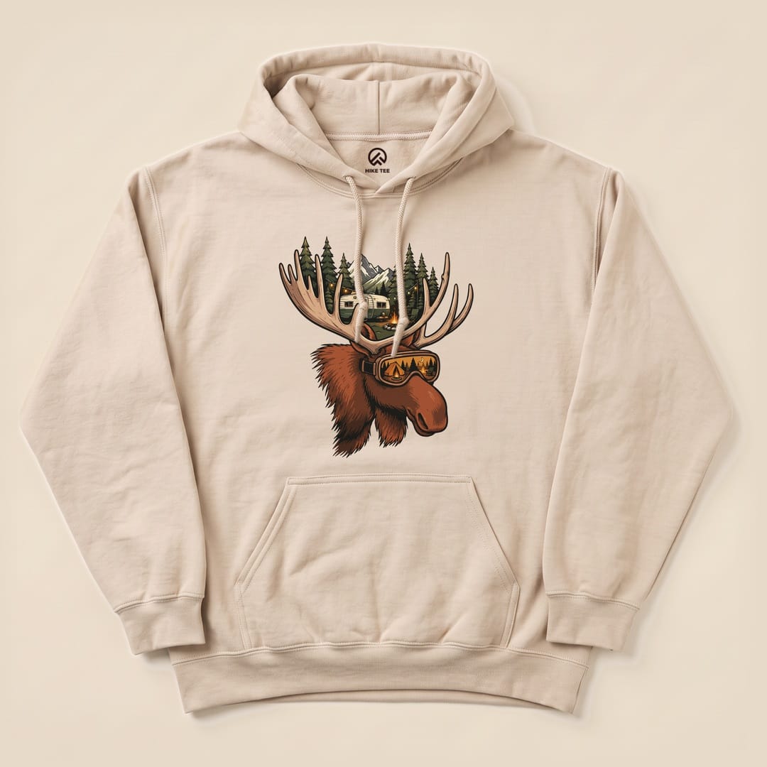 Sand Rad Moose Hoodie with a moose wearing ski goggles graphic