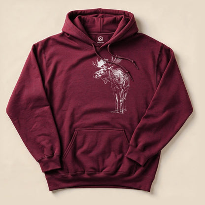 Maroon Vintage Moose Hoodie with a vintage moose sketch graphic