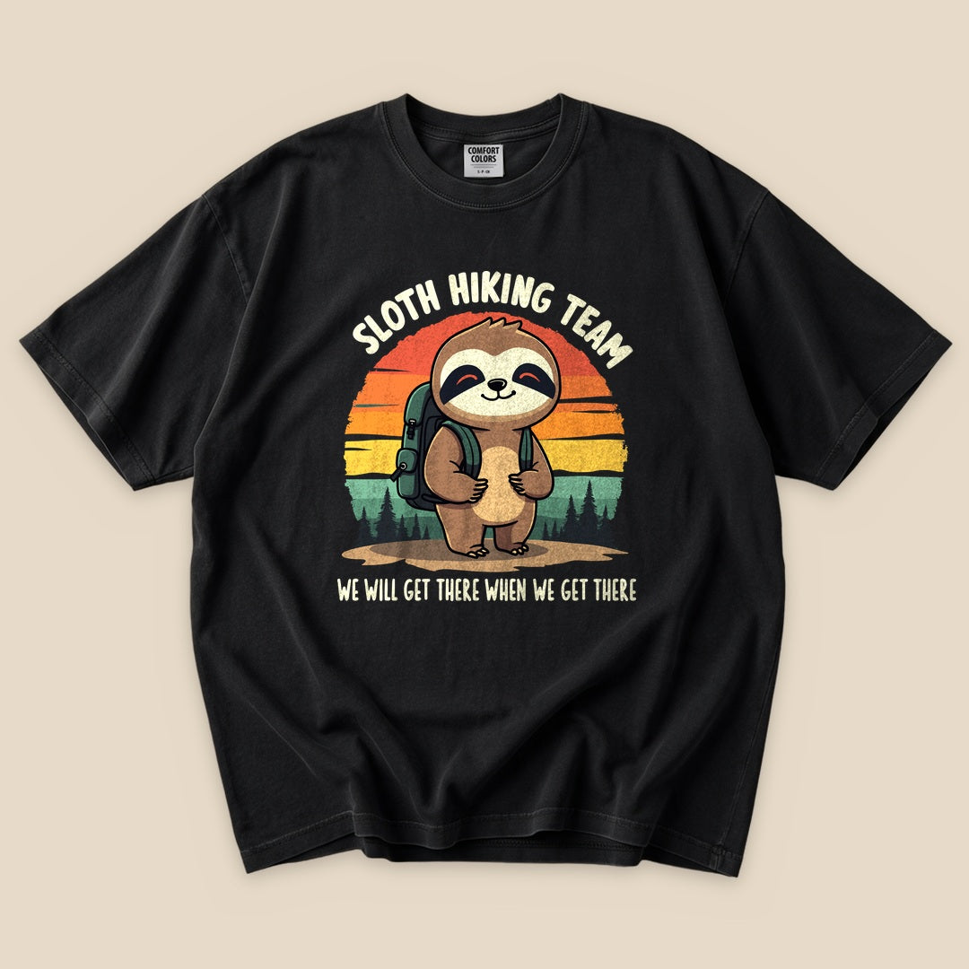 Black Sloth Hiking Team T-Shirt with a hiking sloth and retro forest sunset graphic