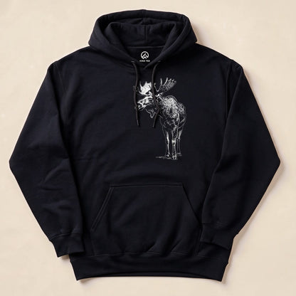 Black Vintage Moose Hoodie with a vintage moose sketch graphic