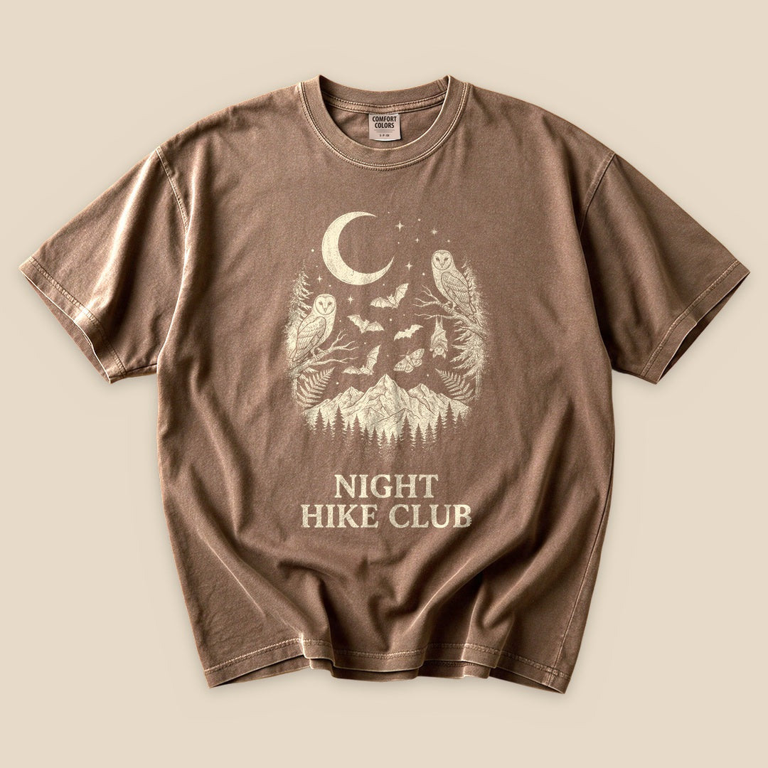 Espresso Night Hike Club T-Shirt with an owl, crescent moon and mountains graphic