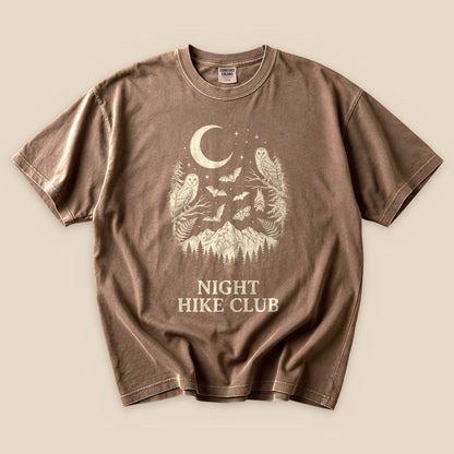 Espresso Night Hike Club T-Shirt with an owl, crescent moon and mountains graphic