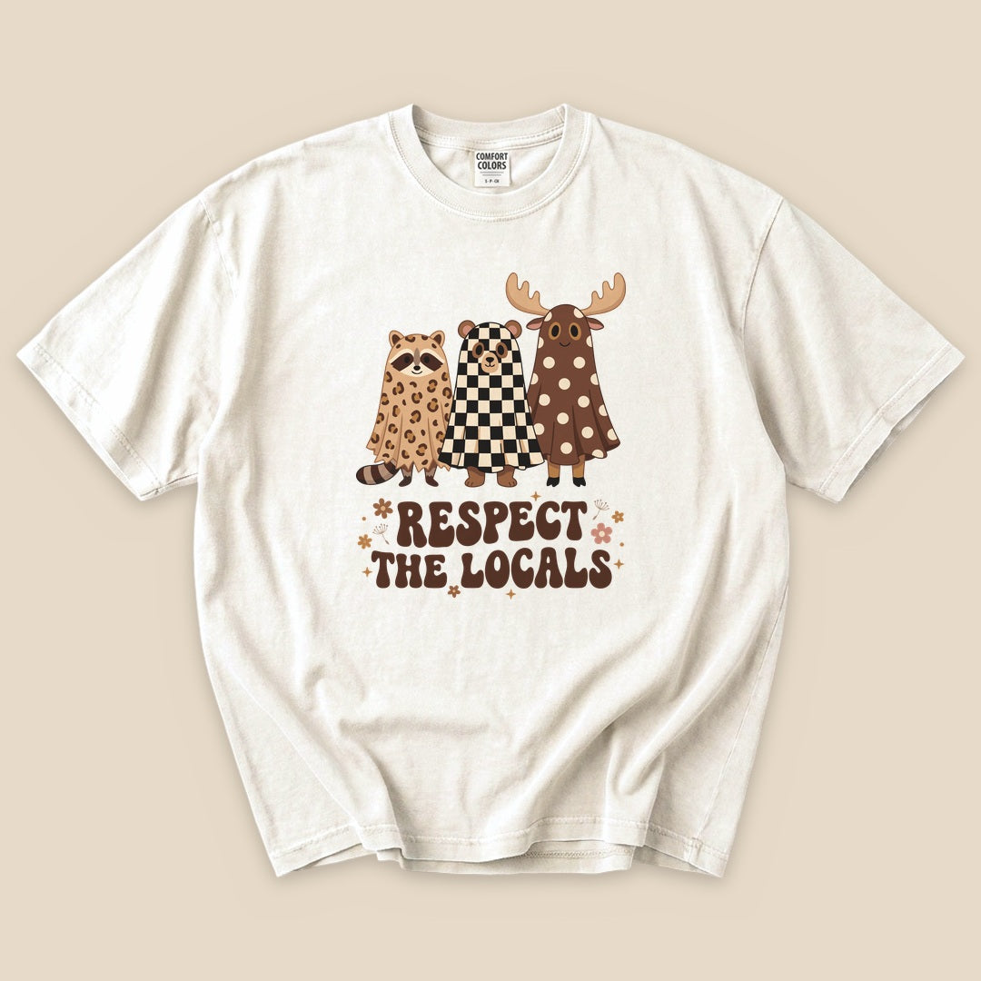 Ivory Respect the Locals Ghosts T-Shirt with a ghost raccoon and moose Respect the Locals graphic