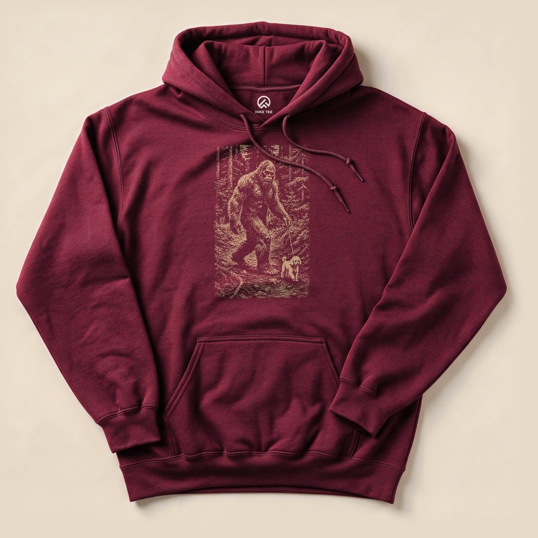 A maroon "Walking the Dog Hoodie" features a graphic of a Bigfoot walking alongside a small dog in a forest setting.