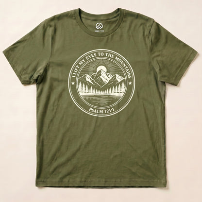 Military Green I Lift My Eyes to the Mountains Shirt with a mountain lake badge with Psalm 121:1 graphic