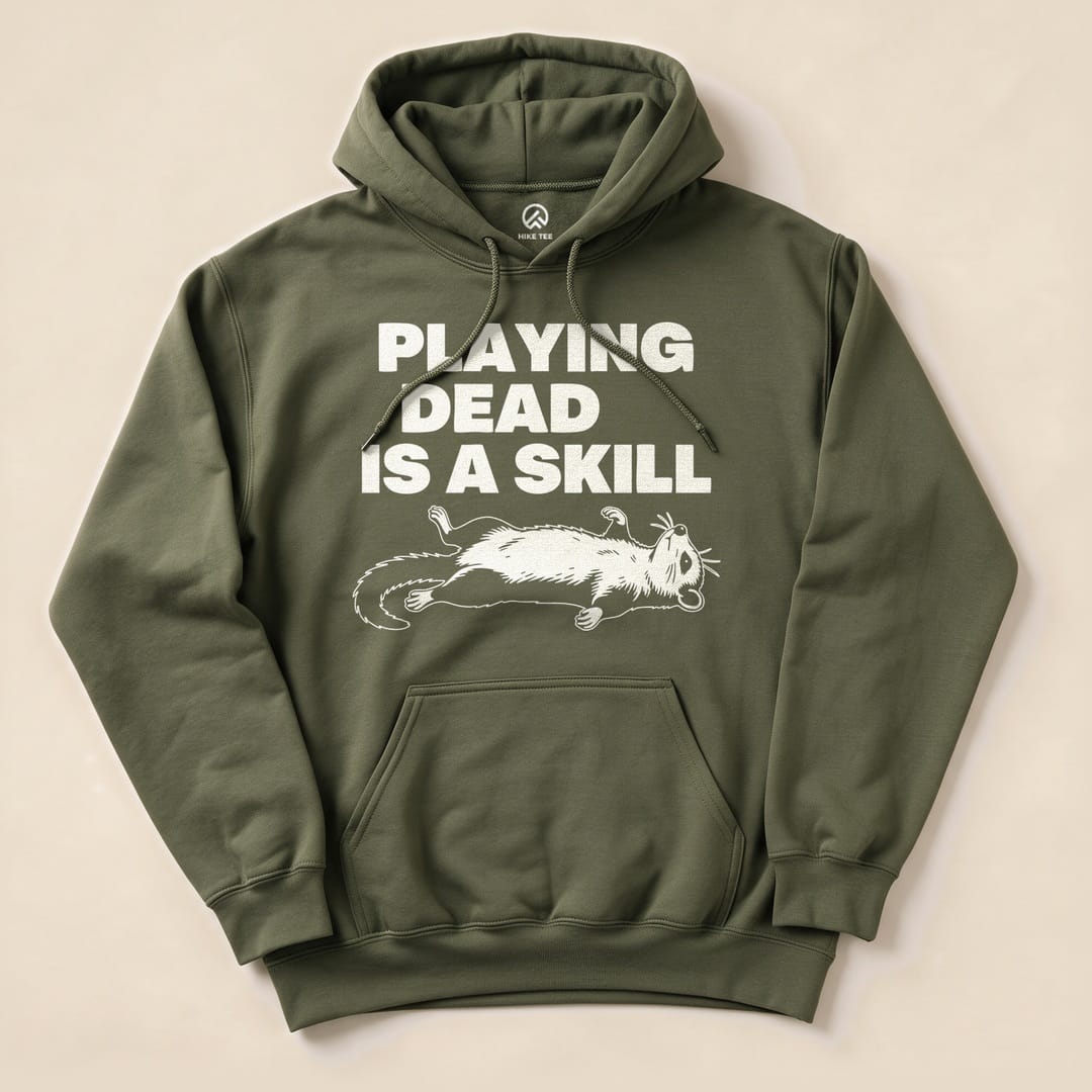 Military Green Playing Dead Possum Hoodie with a possum playing dead graphic