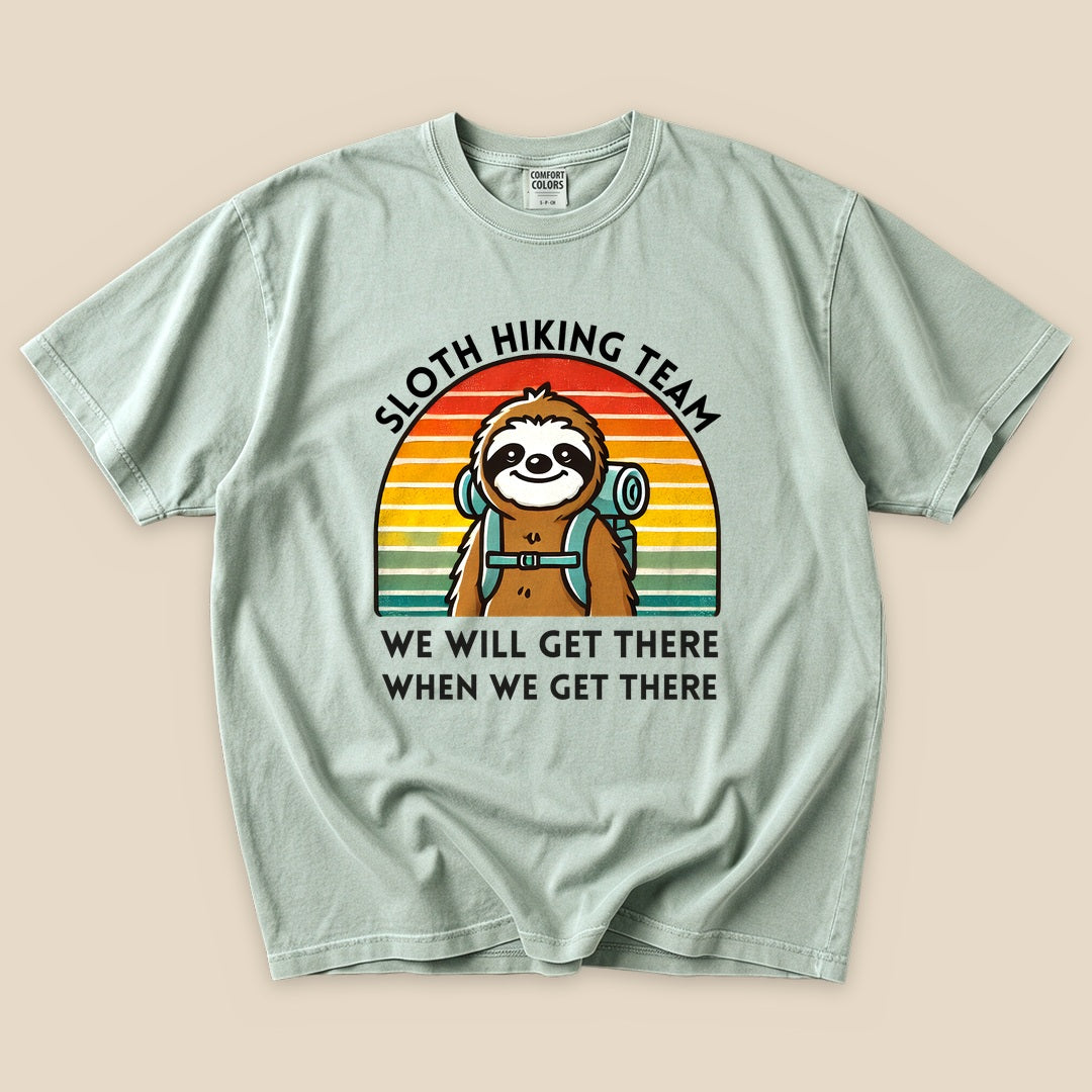 Bay Sloth Hiking Team T-Shirt with a backpacking sloth and retro sunset graphic