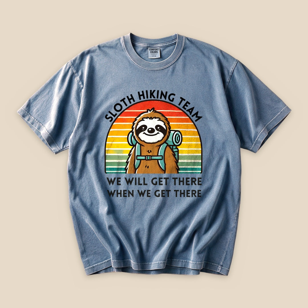 Blue Jean Sloth Hiking Team T-Shirt with a backpacking sloth and retro sunset graphic