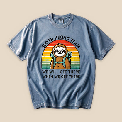 Blue Jean Sloth Hiking Team T-Shirt with a backpacking sloth and retro sunset graphic